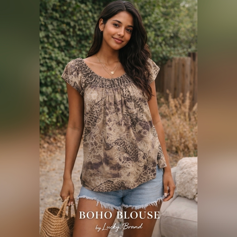 Lucky Brand Brown Tie-Dye Smocked Neck Cap-Sleeve Top